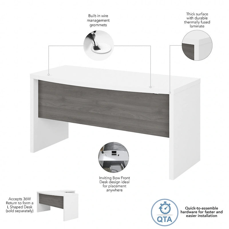 60-Inch Bow Front White Office Desk with Laminate Surface