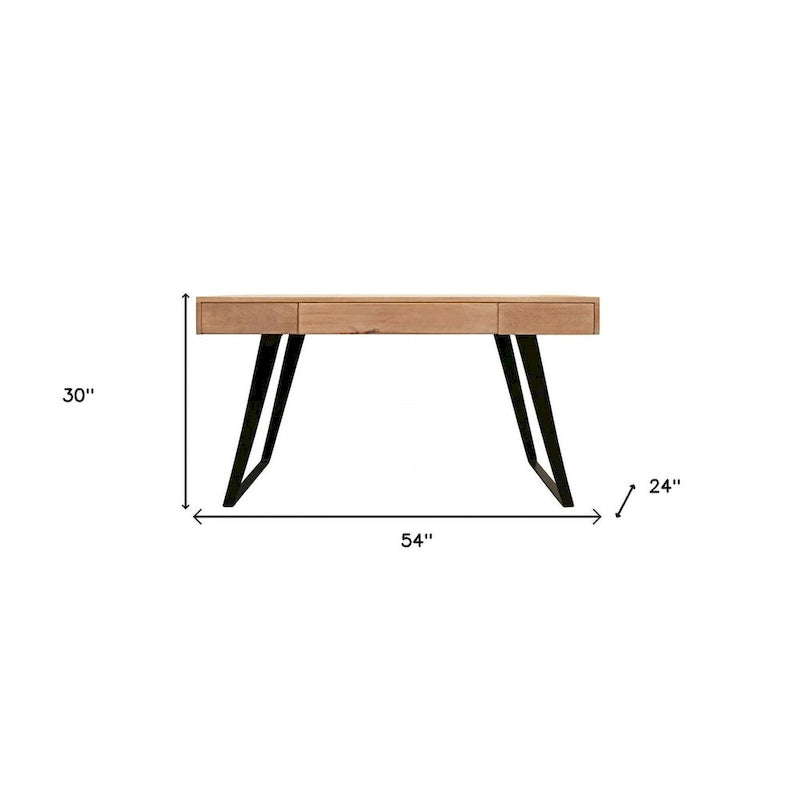 54 Natural and Black Mango Solid Wood Writing Desk With Three Drawers
