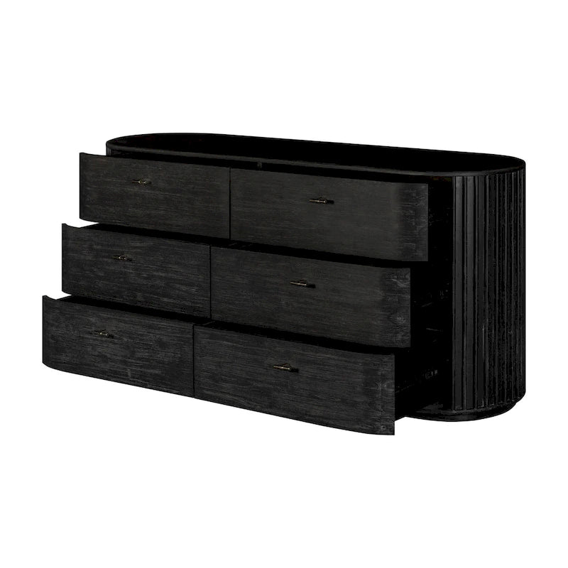 Modern Black Acacia Wood Six-Drawer Dresser