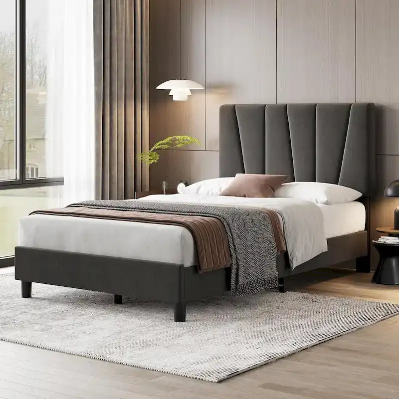 Linen Platform Bed Frame with Adjustable Headboard and Wood Slats