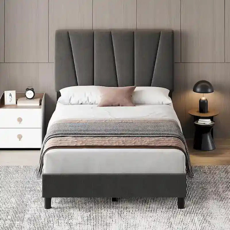 Linen Platform Bed Frame with Adjustable Headboard and Wood Slats