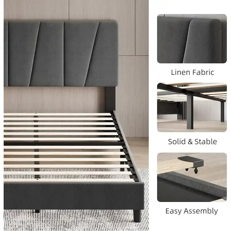 Linen Platform Bed Frame with Adjustable Headboard and Wood Slats