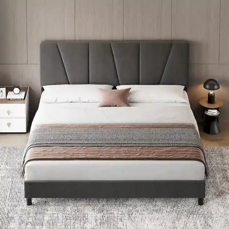 Linen Platform Bed Frame with Adjustable Headboard and Wood Slats