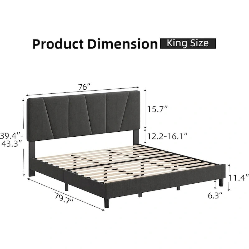 Linen Platform Bed Frame with Adjustable Headboard and Wood Slats