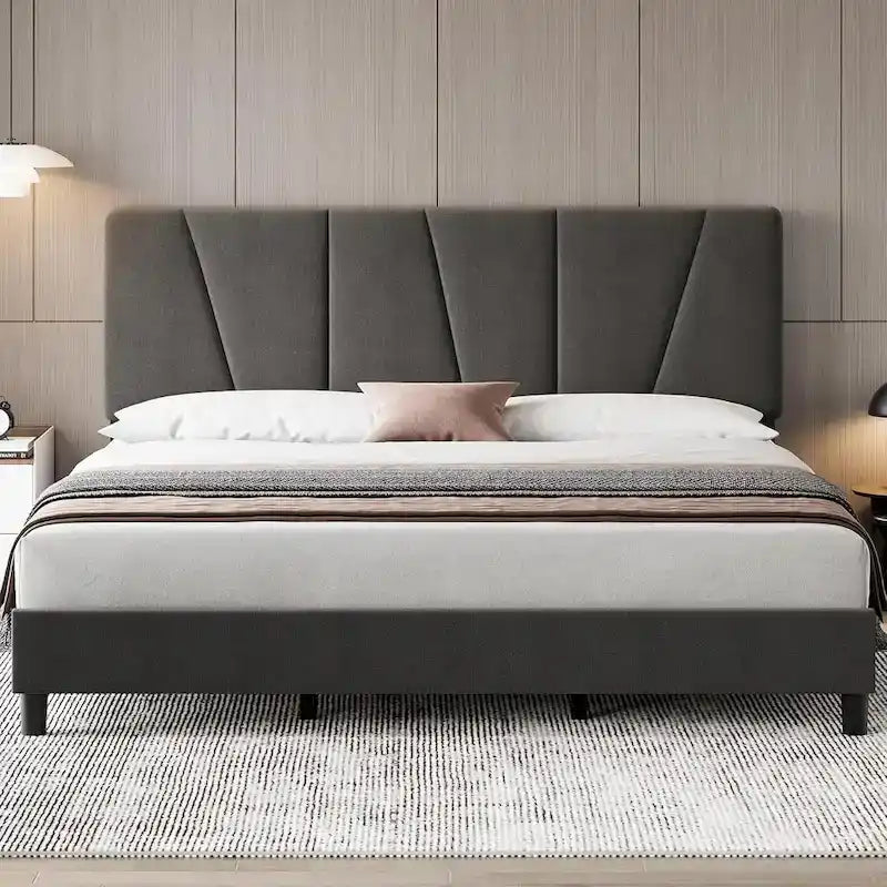 Linen Platform Bed Frame with Adjustable Headboard and Wood Slats