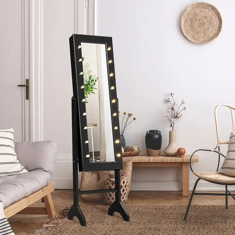 Black Mirrored Jewelry Cabinet with 18 LED Lights