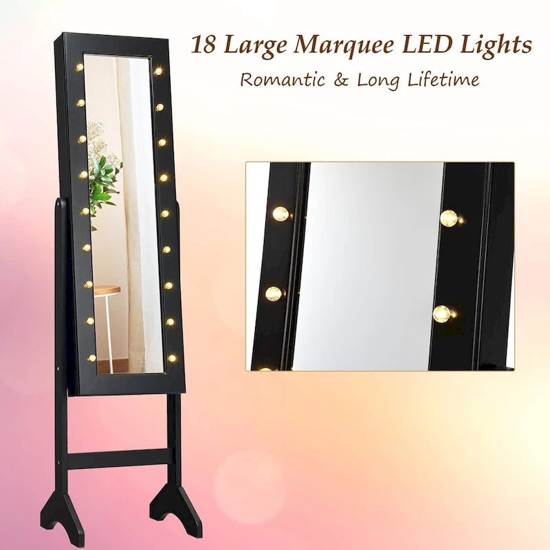 Black Mirrored Jewelry Cabinet with 18 LED Lights