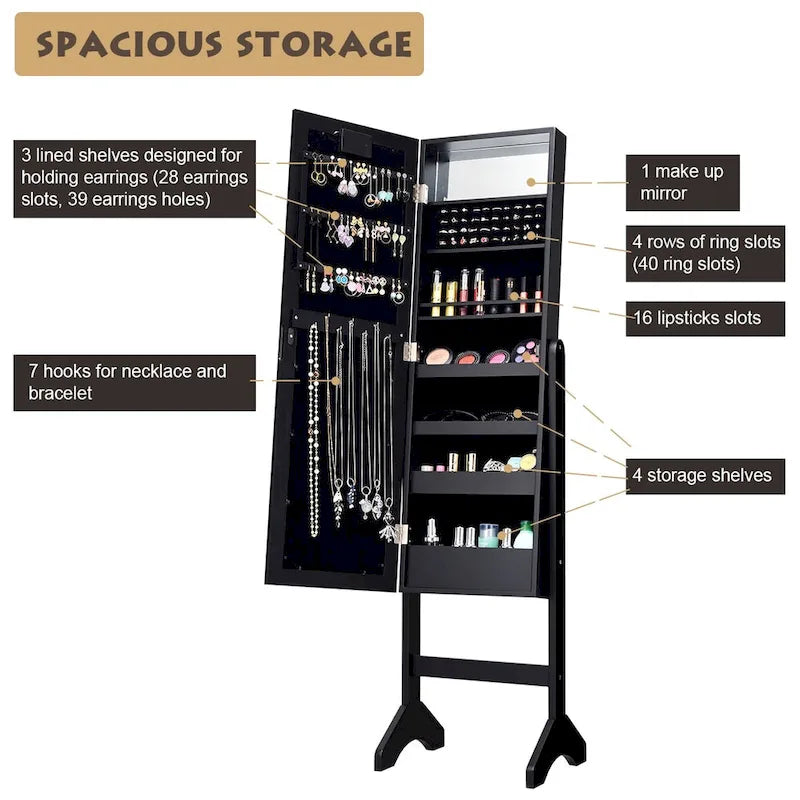 Black Mirrored Jewelry Cabinet with 18 LED Lights