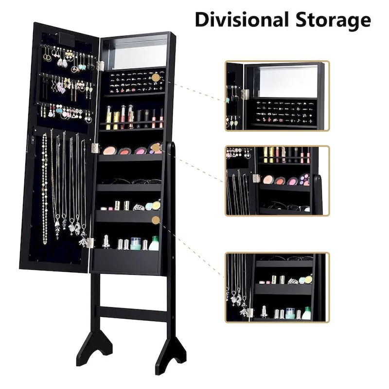 Black Mirrored Jewelry Cabinet with 18 LED Lights