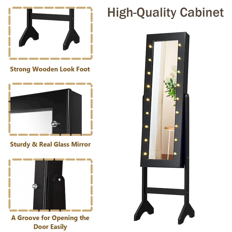 Black Mirrored Jewelry Cabinet with 18 LED Lights