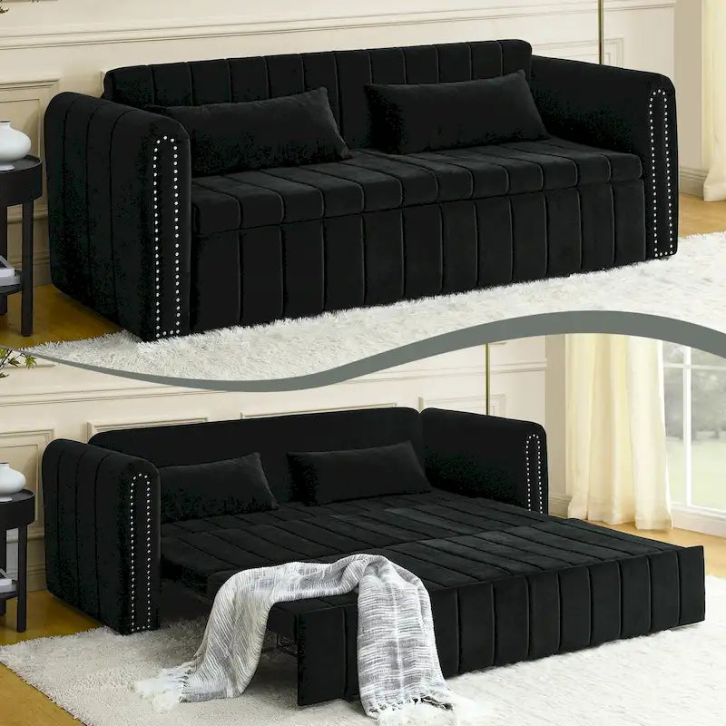 Velvet Convertible Sleeper Sofa Bed with Copper Nail Rolled Arms