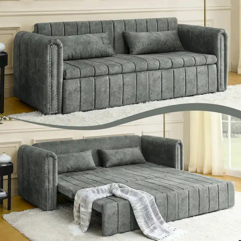 Velvet Convertible Sleeper Sofa Bed with Copper Nail Rolled Arms
