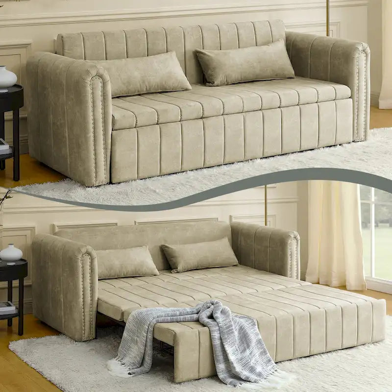 Velvet Convertible Sleeper Sofa Bed with Copper Nail Rolled Arms
