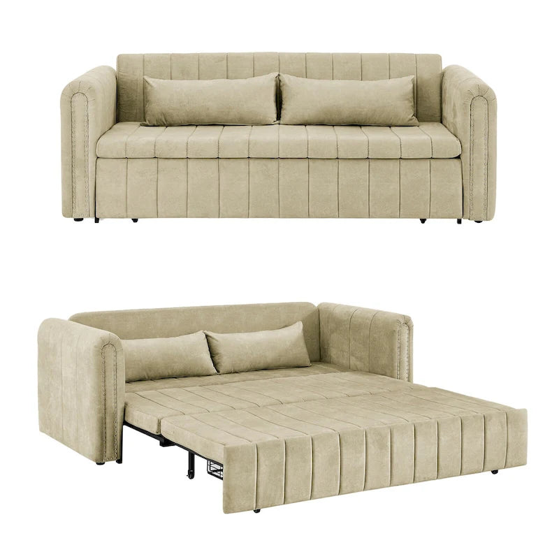Velvet Convertible Sleeper Sofa Bed with Copper Nail Rolled Arms