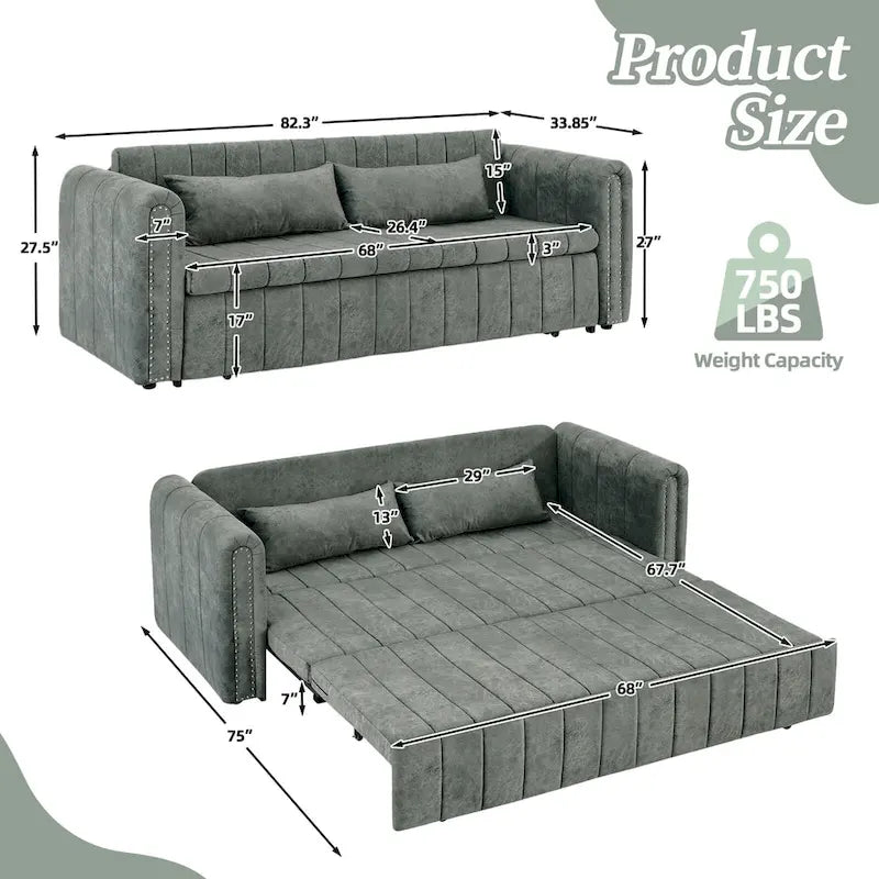 Velvet Convertible Sleeper Sofa Bed with Copper Nail Rolled Arms