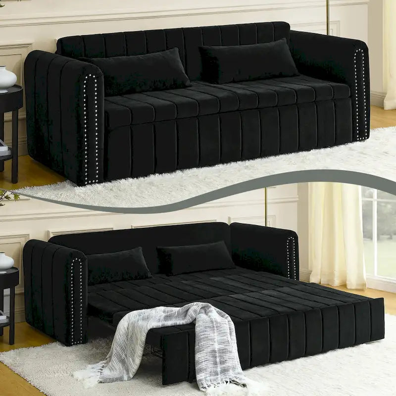 Velvet Convertible Sleeper Sofa Bed with Copper Nail Rolled Arms