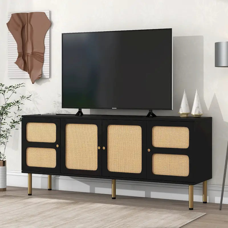 Boho Wood Rattan TV Stand with Gold Metal Base