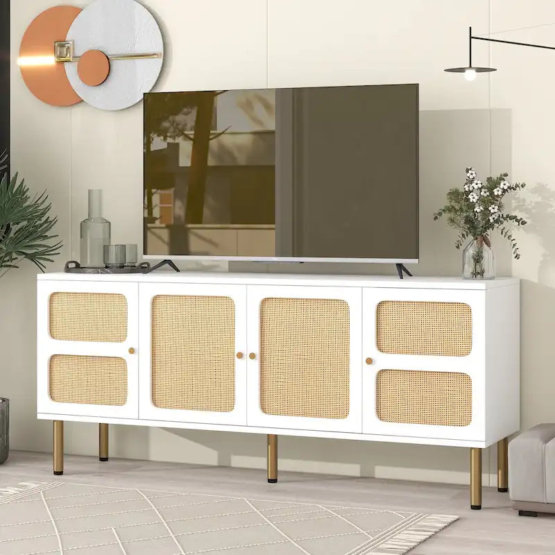 Boho Wood Rattan TV Stand with Gold Metal Base