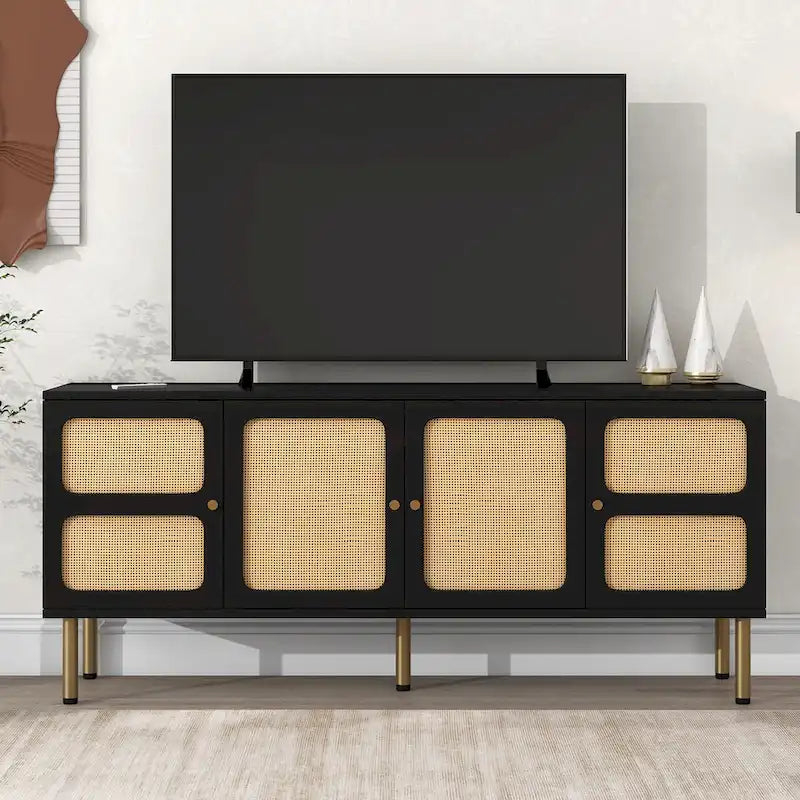 Boho Wood Rattan TV Stand with Gold Metal Base