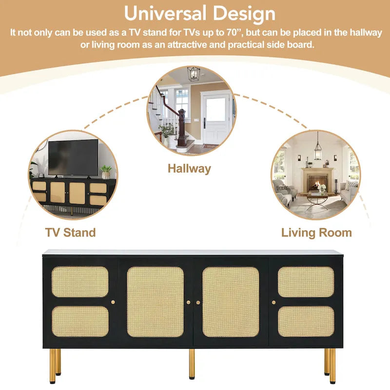 Boho Wood Rattan TV Stand with Gold Metal Base