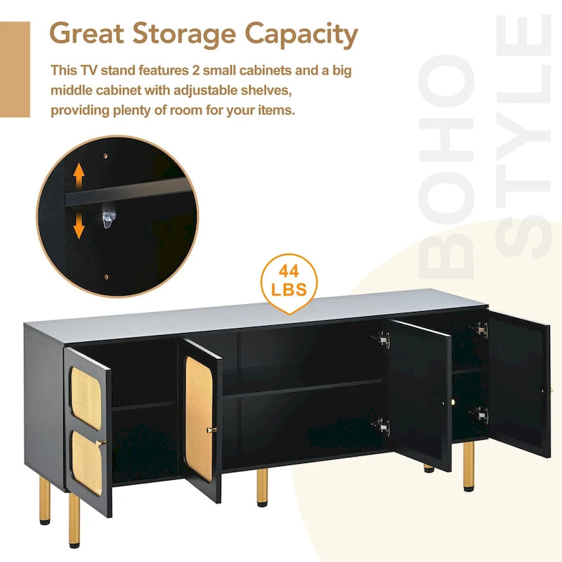 Boho Wood Rattan TV Stand with Gold Metal Base