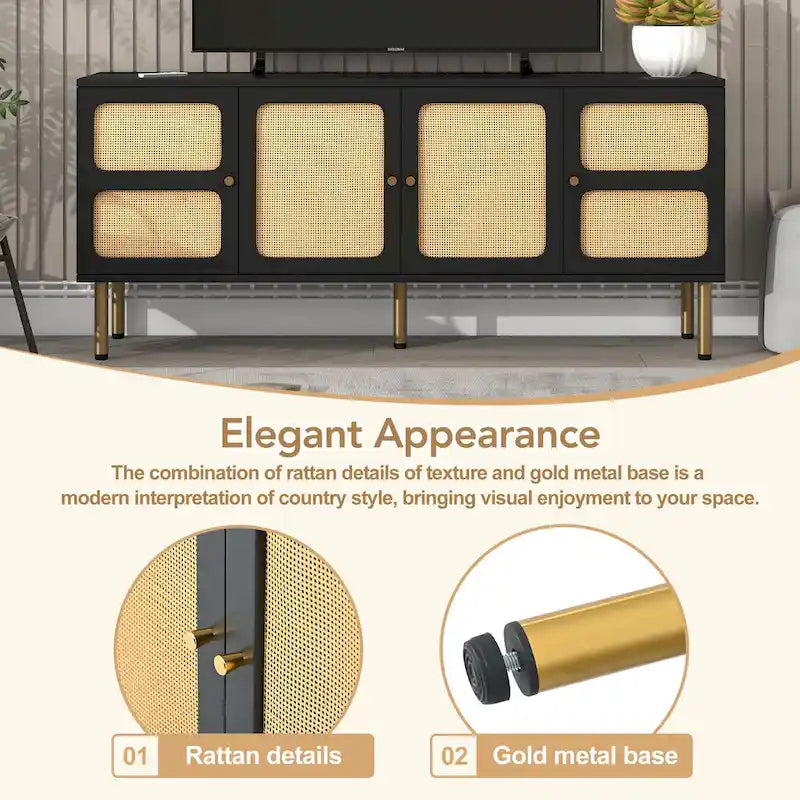 Boho Wood Rattan TV Stand with Gold Metal Base