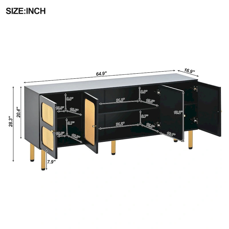 Boho Wood Rattan TV Stand with Gold Metal Base