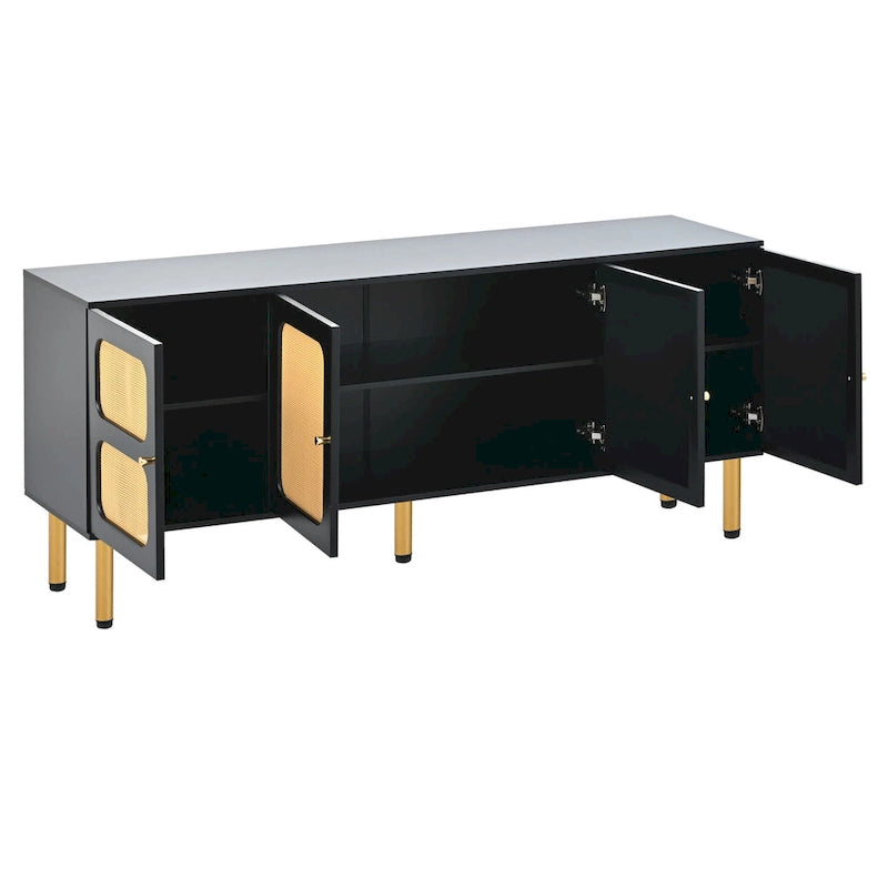 Boho Wood Rattan TV Stand with Gold Metal Base