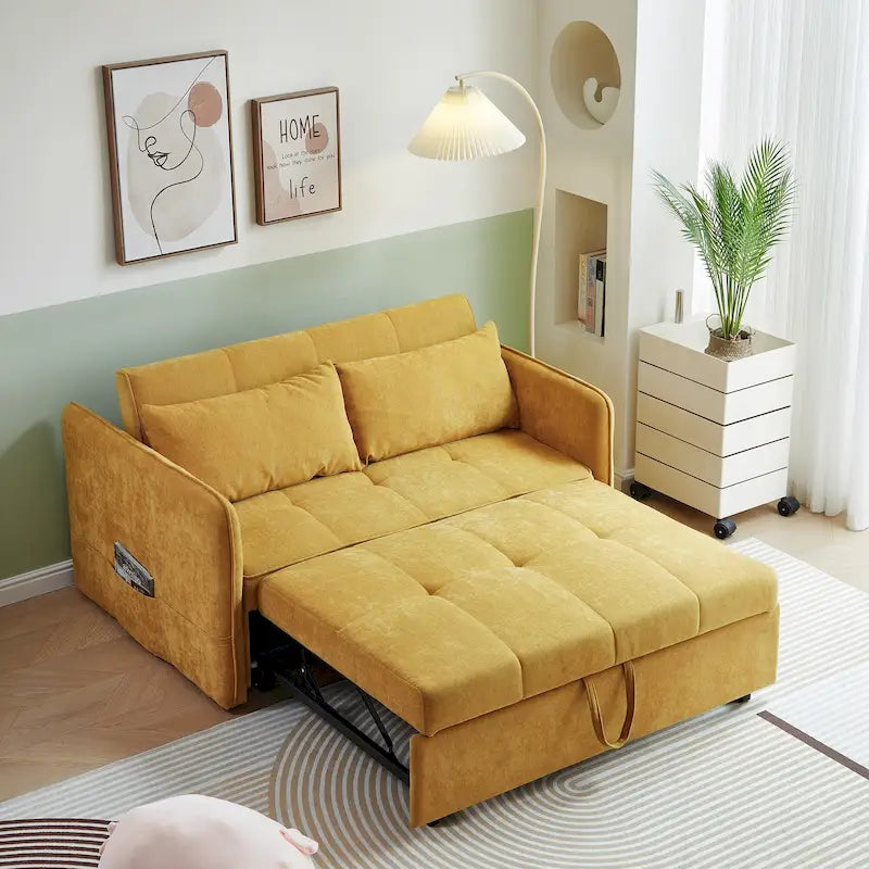 Yellow Chenille Fabric Pull-Out Sofa Bed Sleeper