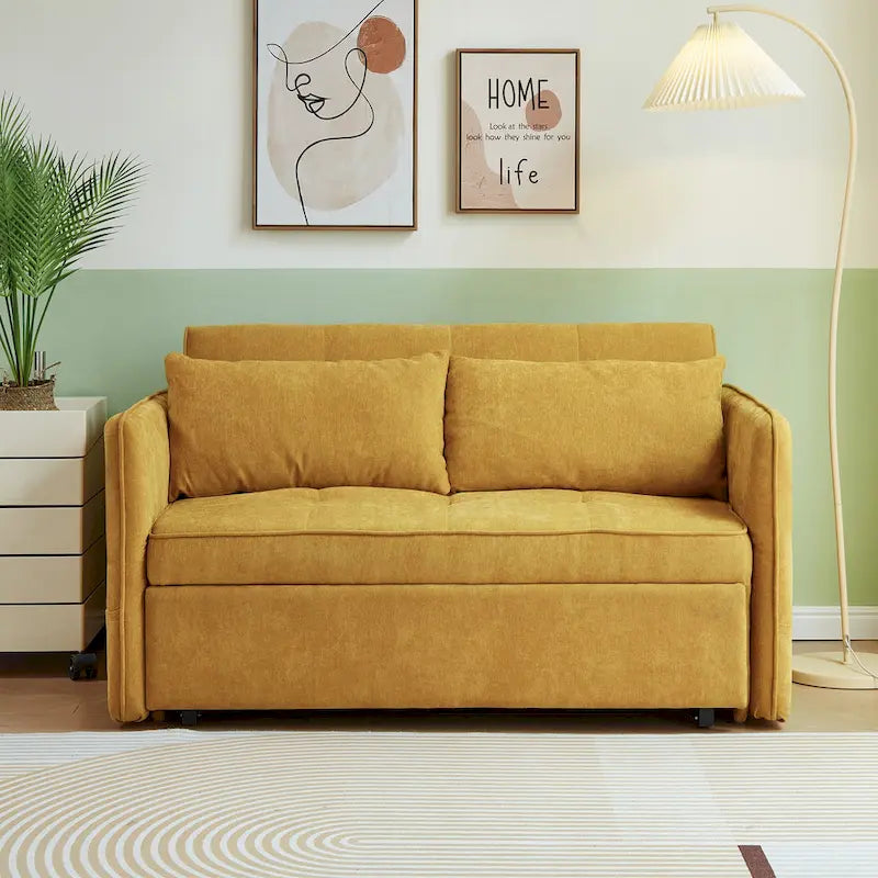 Yellow Chenille Fabric Pull-Out Sofa Bed Sleeper