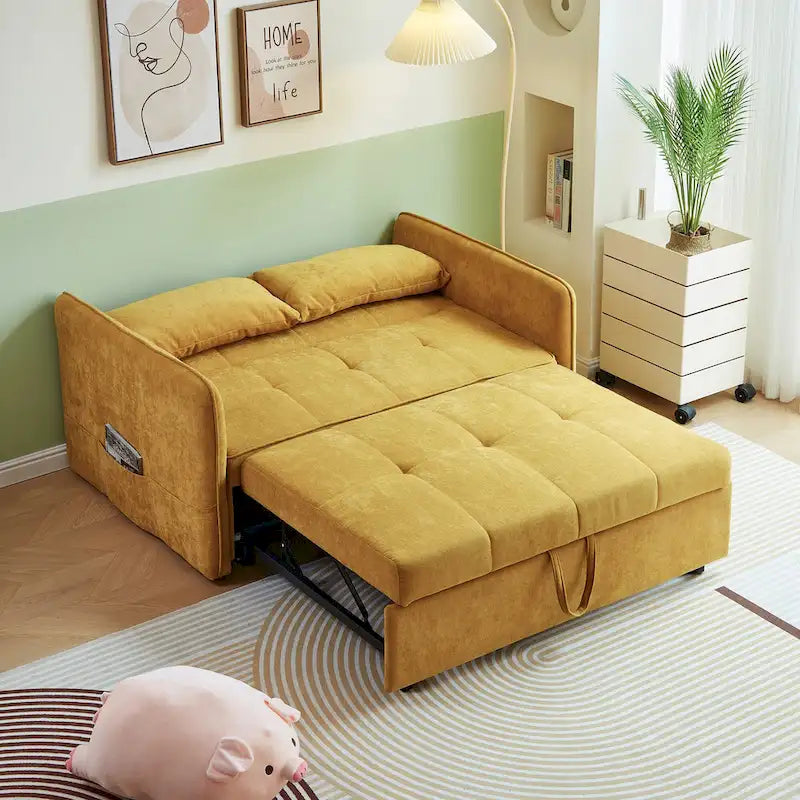 Yellow Chenille Fabric Pull-Out Sofa Bed Sleeper