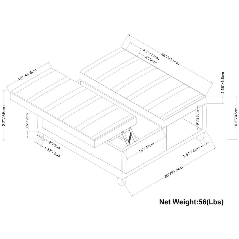 36-Inch Square Storage Ottoman with Lift-Top Coffee Table
