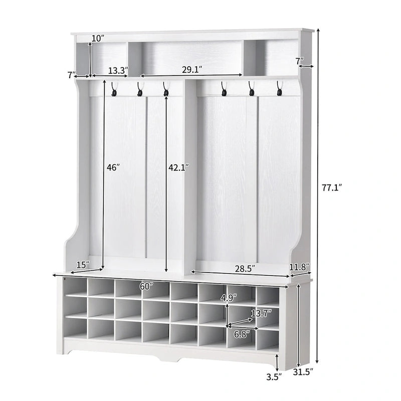 Multiple Functions Hall Tree with Hooks, Shelves & 24 Shoe Cubbies