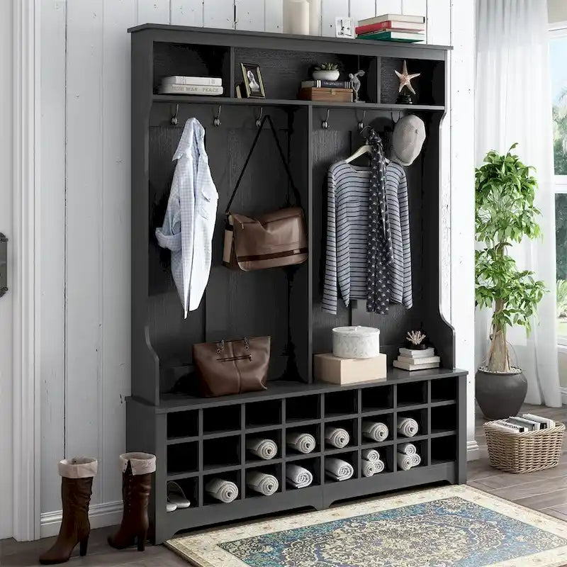 Multiple Functions Hall Tree with Hooks, Shelves & 24 Shoe Cubbies