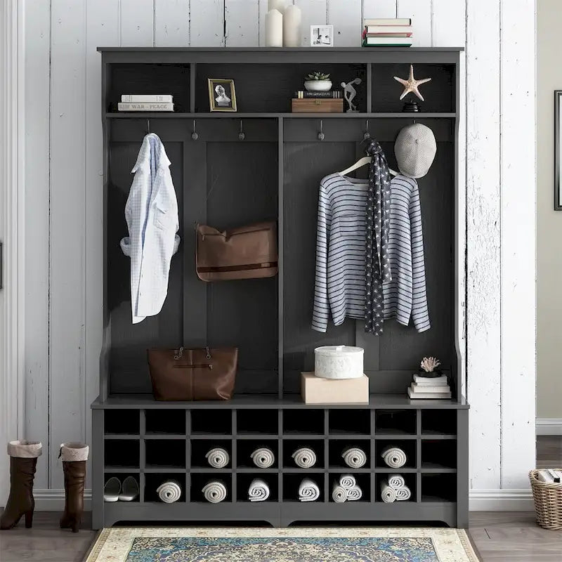 Multiple Functions Hall Tree with Hooks, Shelves & 24 Shoe Cubbies