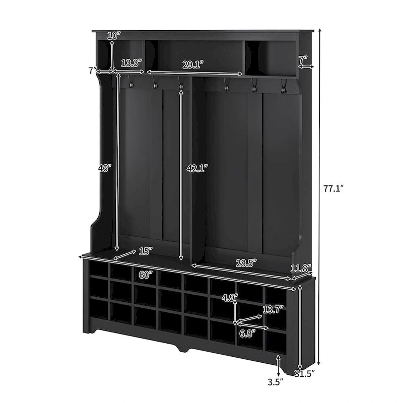 Multiple Functions Hall Tree with Hooks, Shelves & 24 Shoe Cubbies