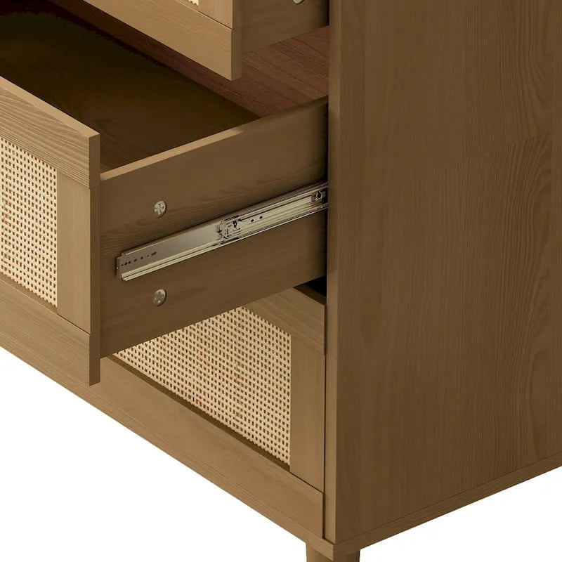 6-Drawer Natural Rattan Dresser with Wooden Frame
