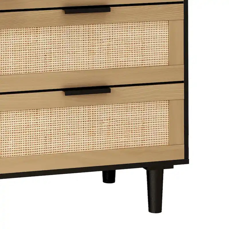 6-Drawer Natural Rattan Dresser with Wooden Frame