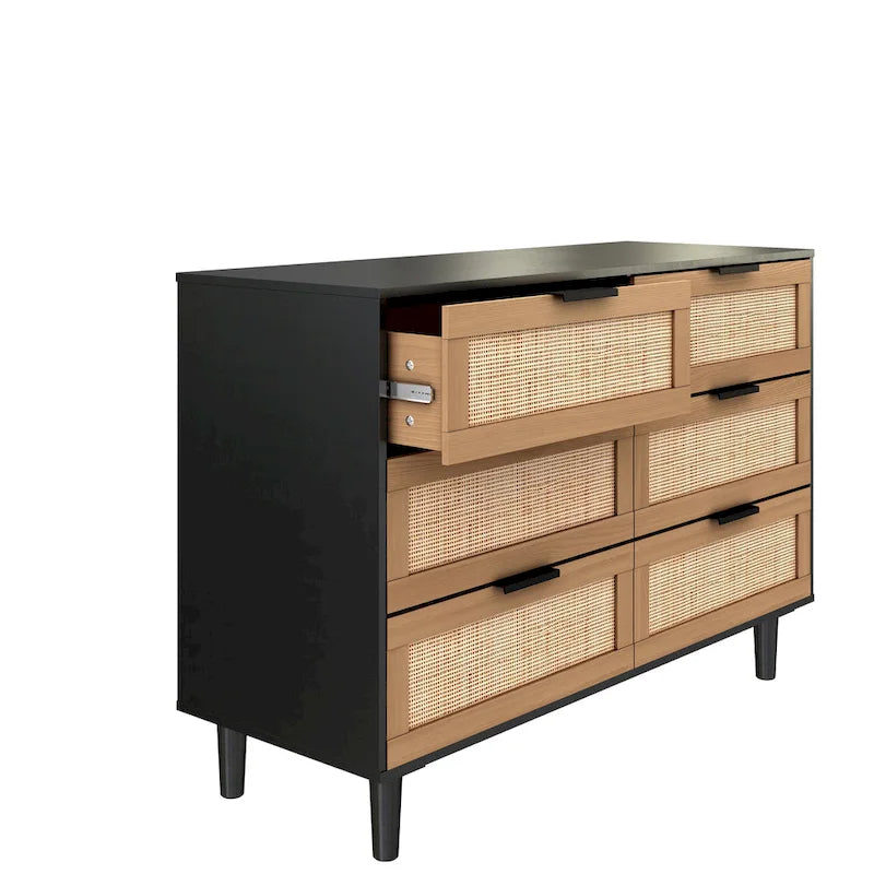 6-Drawer Natural Rattan Dresser with Wooden Frame
