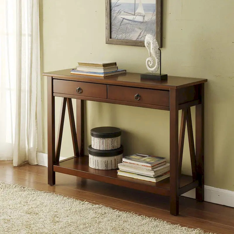 Antique Tobacco Console Table with Storage Drawer