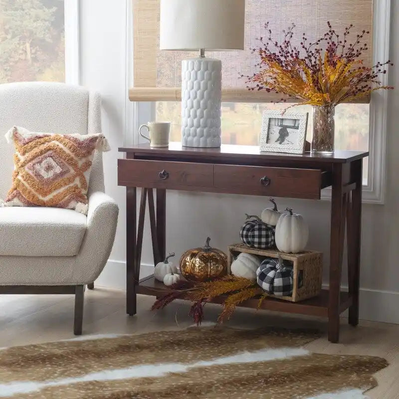 Antique Tobacco Console Table with Storage Drawer