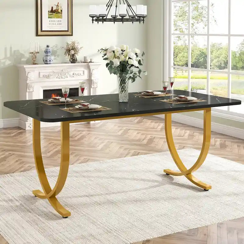 63-Inch Faux Marble Dining Table with Gold Metal Legs