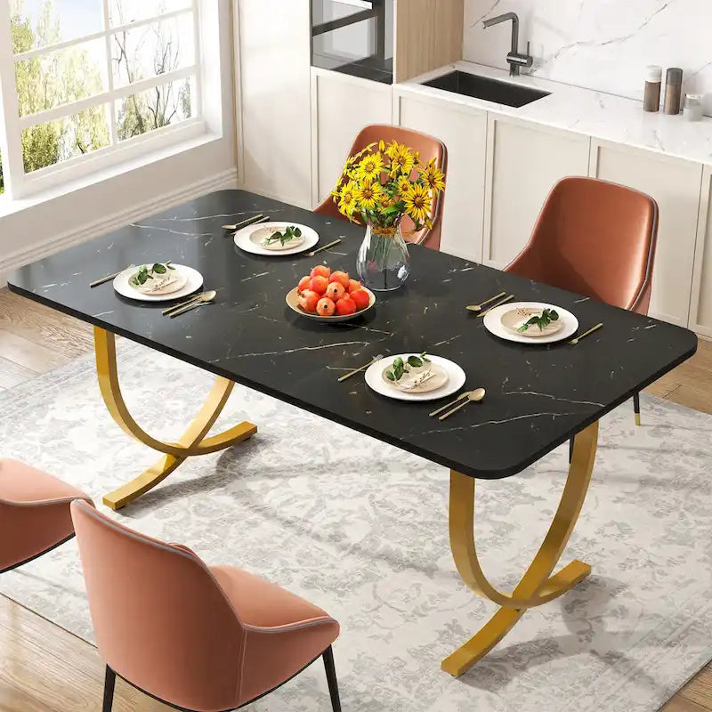 63-Inch Faux Marble Dining Table with Gold Metal Legs