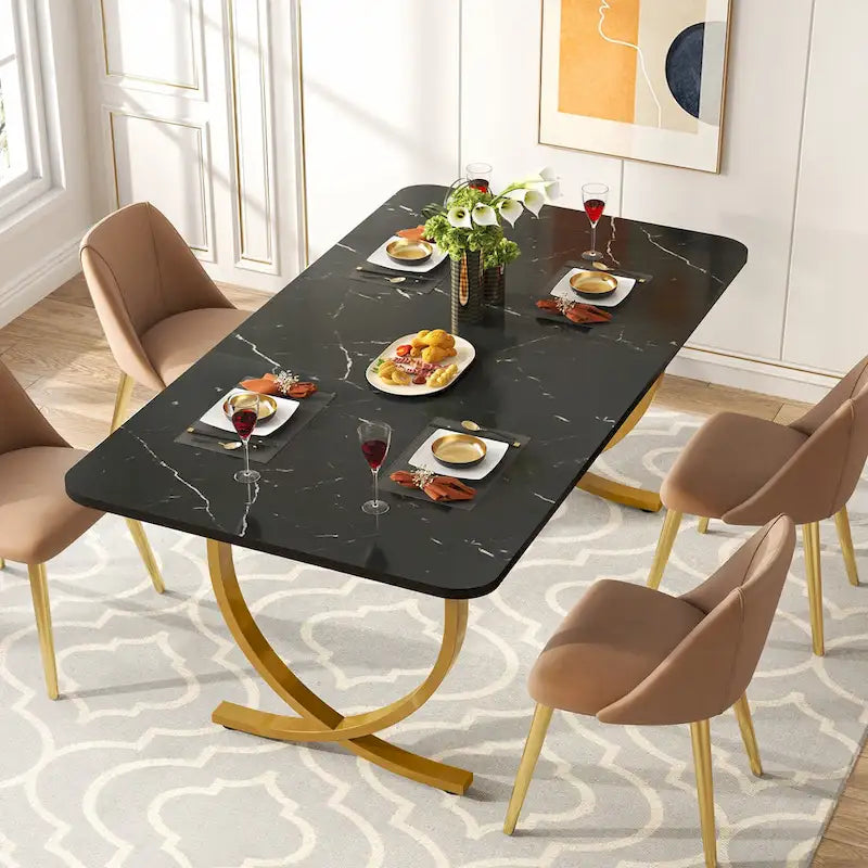 63-Inch Faux Marble Dining Table with Gold Metal Legs