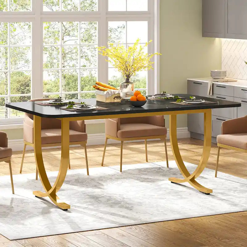 63-Inch Faux Marble Dining Table with Gold Metal Legs