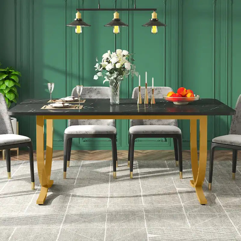 63-Inch Faux Marble Dining Table with Gold Metal Legs