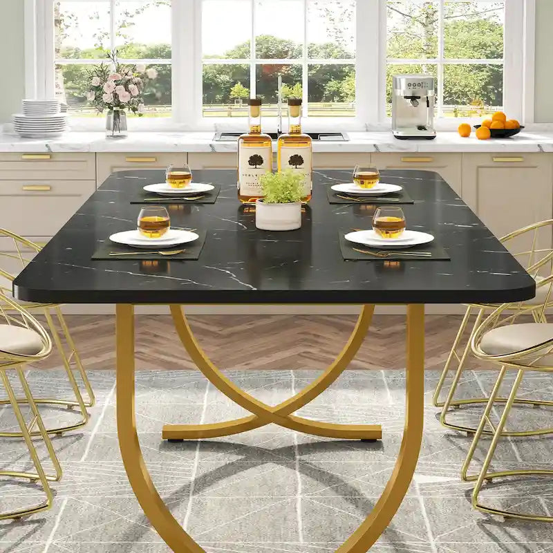 63-Inch Faux Marble Dining Table with Gold Metal Legs