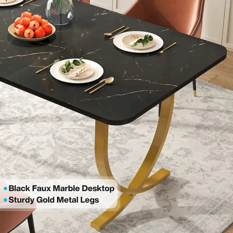 63-Inch Faux Marble Dining Table with Gold Metal Legs