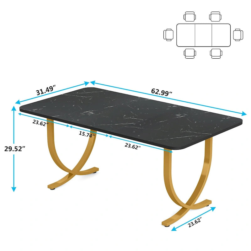 63-Inch Faux Marble Dining Table with Gold Metal Legs