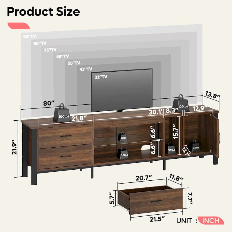 80-Inch LED TV Stand with 2 Drawers and RGB Lighting